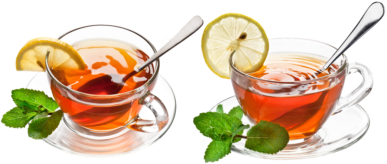 Home cup and saucer, a spoon, cup, tea, lobule, lemon, mint, tea cup, mint leaves, glass cup, drink